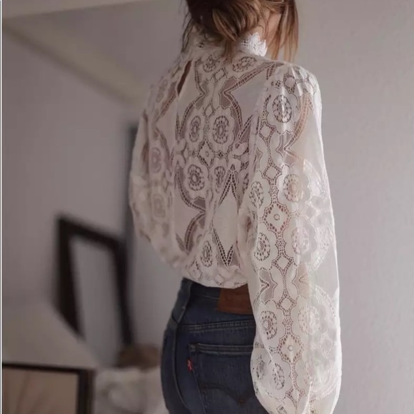 Long Sleeve High Neck Lace Blouse White Boho - Picture 2 of 16